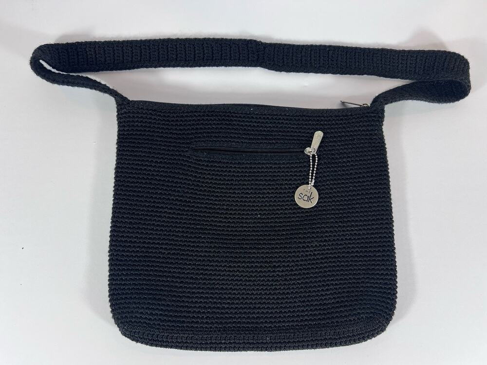 Vintage The Sak 1990's Woven Handmade Indonesia Shoulder Bag Hobo Boho Zip BLK